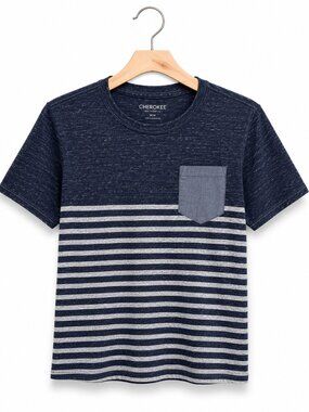 Cherokee Boys Navy Blue Grey Striped Colorblock Pocket T-Shirt S 6/7